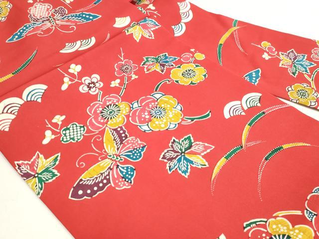 平和屋着物◎塩瀬　全通柄九寸名古屋帯　型染め　舞蝶花文　正絹　逸品　DABK8573cm