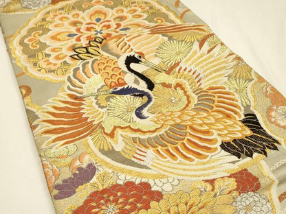 平和屋着物◎アンティーク　大正ロマン　丸帯　唐織　飛鶴花文　金銀糸　引き抜き帯　正絹　逸品　DABJ5973qp