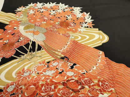 平和屋着物■豪華黒留袖　刺繍　孔雀花文　金彩　正絹　逸品　DABK5671sf