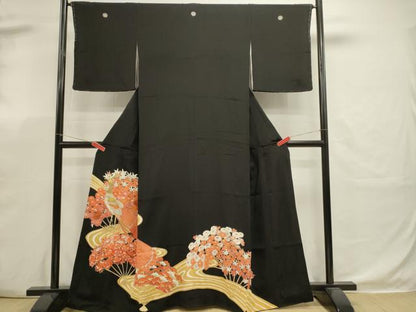 平和屋着物■豪華黒留袖　刺繍　孔雀花文　金彩　正絹　逸品　DABK5671sf