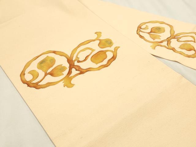 平和屋着物◎九寸名古屋帯　ろうけつ染め　お召縮緬　唐草文　金彩　正絹　逸品　DABK5746sf