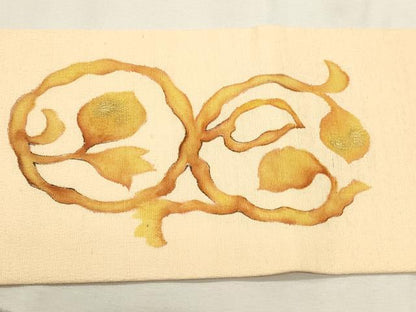平和屋着物◎九寸名古屋帯　ろうけつ染め　お召縮緬　唐草文　金彩　正絹　逸品　DABK5746sf