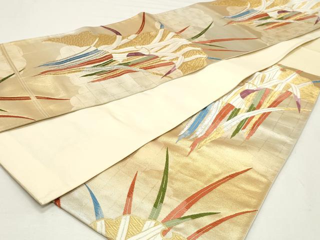 平和屋着物◎六通柄袋帯　唐織　雪輪草葉文　金銀糸　正絹　逸品　DABK8596cm