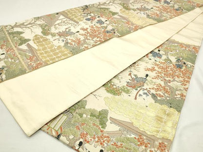 平和屋着物◎六通柄袋帯　御所車人物風景文　金糸　正絹　逸品　DABK8594cm
