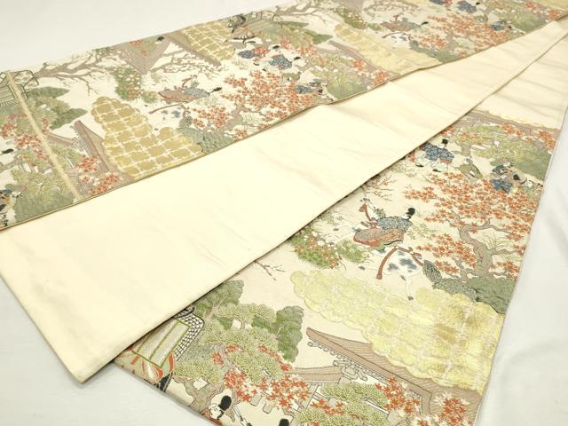 平和屋着物◎六通柄袋帯　御所車人物風景文　金糸　正絹　逸品　DABK8594cm