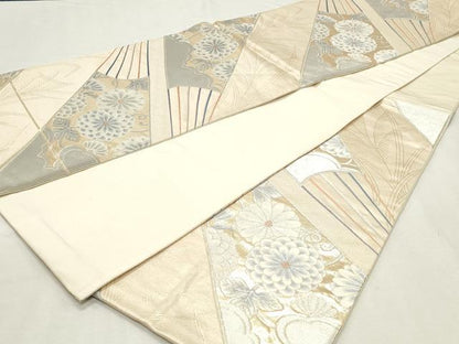 平和屋着物◎六通柄袋帯　扇面菊唐草文　金銀糸　正絹　逸品　DABK8601cm