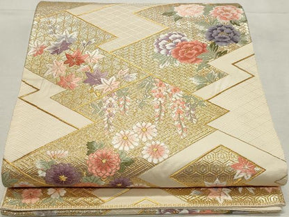 平和屋着物◎六通柄袋帯　唐織　松皮菱花文　金銀糸　正絹　逸品　DABK8606cm
