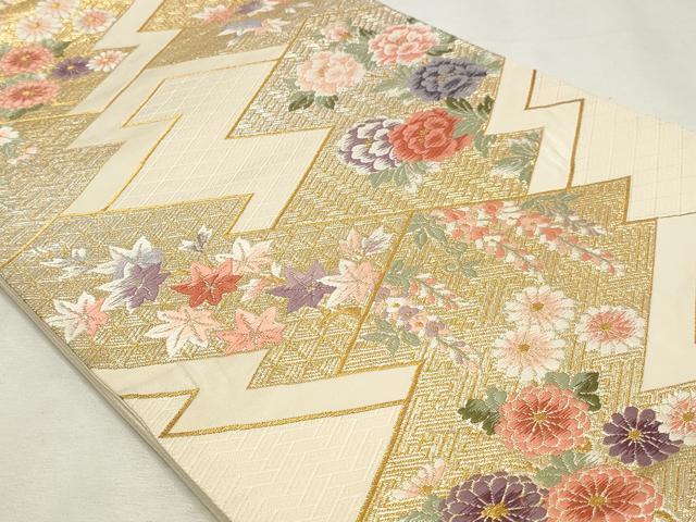 平和屋着物◎六通柄袋帯　唐織　松皮菱花文　金銀糸　正絹　逸品　DABK8606cm