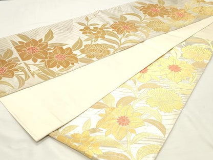 平和屋着物◎六通柄袋帯　草花文　金糸　正絹　逸品　DABK8598cm