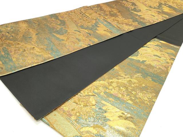 平和屋着物◎六通柄袋帯　渡橋風景花文　金糸　古代はく　正絹　逸品　DABK8599cm