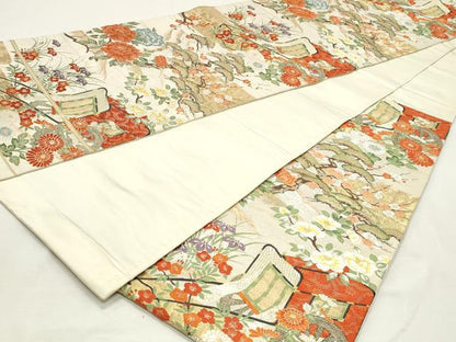 平和屋着物◎六通柄袋帯　唐織　御所車花文　金銀糸　正絹　逸品　DABK8600cm