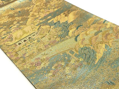 平和屋着物◎六通柄袋帯　渡橋風景花文　金糸　古代はく　正絹　逸品　DABK8599cm