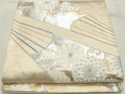 平和屋着物◎六通柄袋帯　扇面菊唐草文　金銀糸　正絹　逸品　DABK8601cm