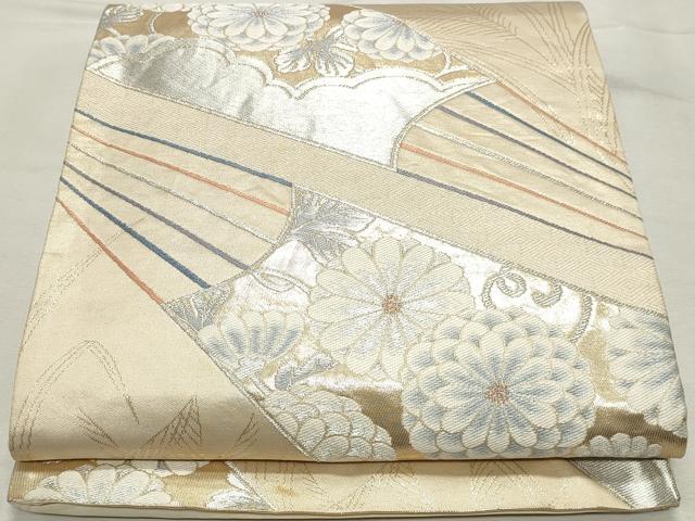 平和屋着物◎六通柄袋帯　扇面菊唐草文　金銀糸　正絹　逸品　DABK8601cm