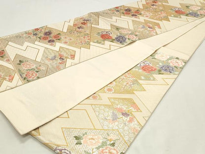 平和屋着物◎六通柄袋帯　唐織　松皮菱花文　金銀糸　正絹　逸品　DABK8606cm