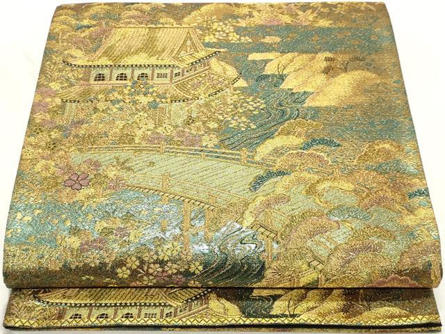 平和屋着物◎六通柄袋帯　渡橋風景花文　金糸　古代はく　正絹　逸品　DABK8599cm