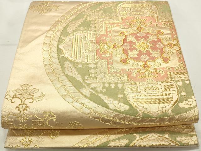 平和屋着物◎六通柄袋帯　洋花文　金糸　正絹　逸品　DABK8609cm