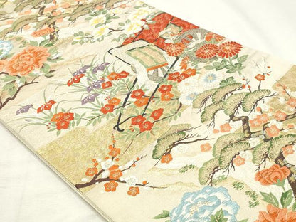 平和屋着物◎六通柄袋帯　唐織　御所車花文　金銀糸　正絹　逸品　DABK8600cm