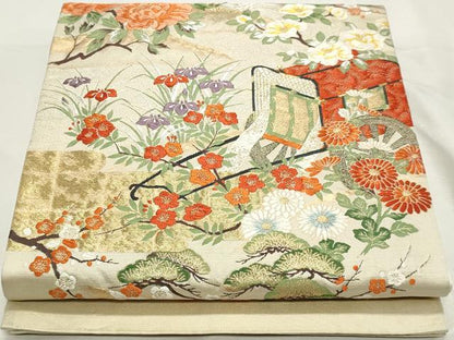 平和屋着物◎六通柄袋帯　唐織　御所車花文　金銀糸　正絹　逸品　DABK8600cm