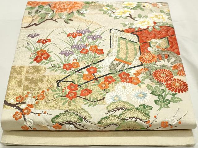 平和屋着物◎六通柄袋帯　唐織　御所車花文　金銀糸　正絹　逸品　DABK8600cm
