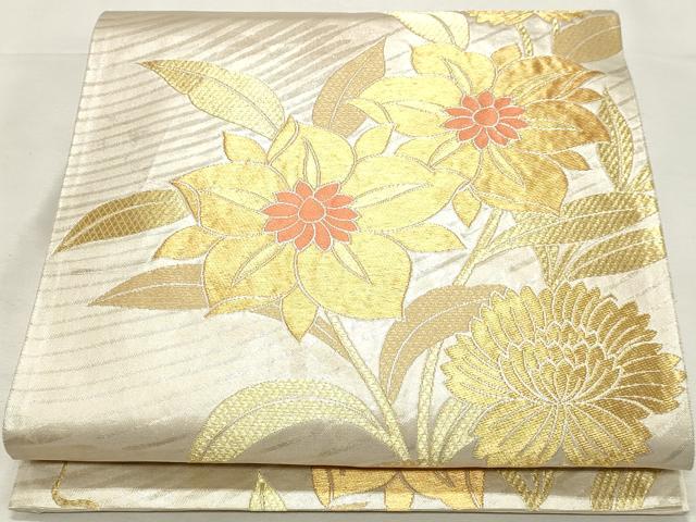 平和屋着物◎六通柄袋帯　草花文　金糸　正絹　逸品　DABK8598cm