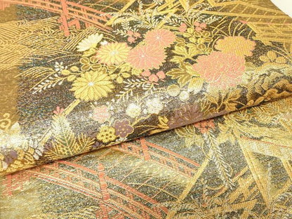 平和屋着物▼六通柄袋帯　渡り橋風景花文　金糸　正絹　逸品　DABK4427az