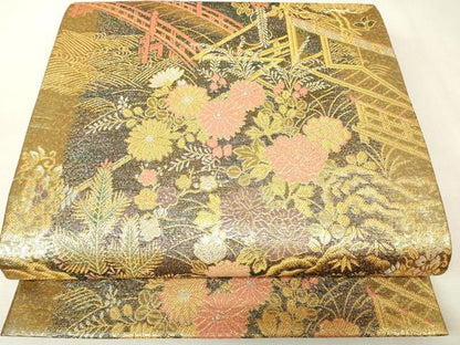 平和屋着物▼六通柄袋帯　渡り橋風景花文　金糸　正絹　逸品　DABK4427az