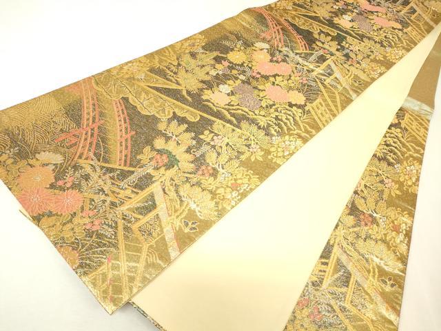 平和屋着物▼六通柄袋帯　渡り橋風景花文　金糸　正絹　逸品　DABK4427az