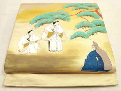 平和屋着物◎太鼓柄袋帯　刺繍　人物松文　金糸　正絹　逸品　DABK8104ar