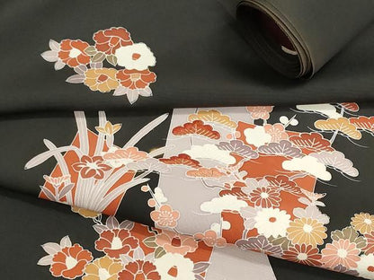 平和屋着物▼羽織・コート　反物　羽尺　短冊花文　黒地　金糸　逸品　未使用　DABJ9777we