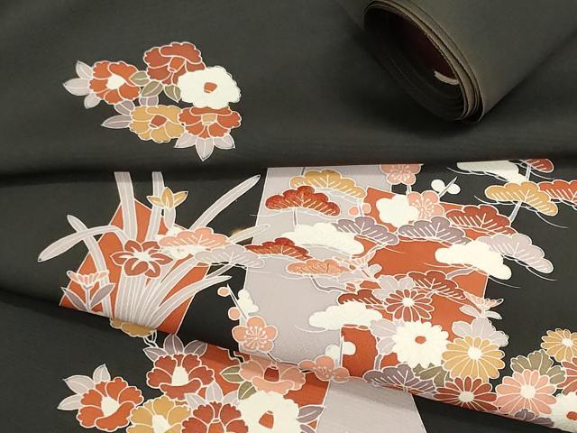 平和屋着物▼羽織・コート　反物　羽尺　短冊花文　黒地　金糸　逸品　未使用　DABJ9777we