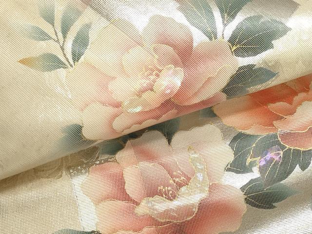 平和屋着物▼西陣　名古屋帯　帯反物　草花文　金彩　螺鈿箔　証紙付き　逸品　未使用　DABJ9811we