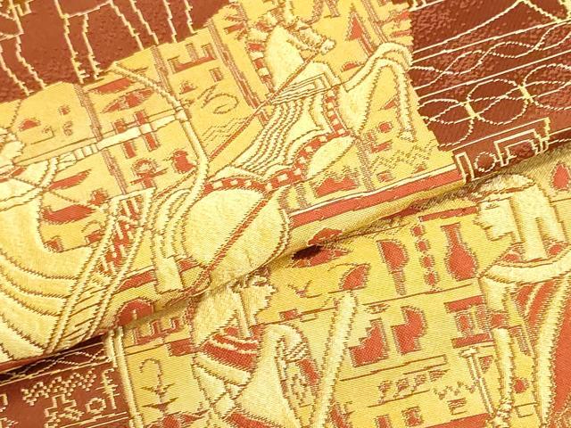 平和屋着物▼本場筑前博多織　名古屋帯　帯反物　壁画文様　金糸　証紙付き　逸品　未使用　DABJ9803we