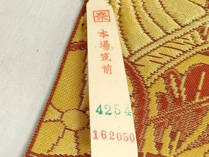 平和屋着物▼本場筑前博多織　名古屋帯　帯反物　壁画文様　金糸　証紙付き　逸品　未使用　DABJ9803we