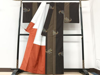 平和屋着物■上質な紬　花鳥文　正絹　逸品　CABN2116xe