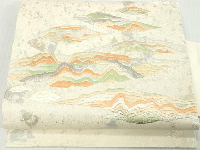 平和屋着物◎九寸名古屋帯　総刺繍　風景文　金銀糸　正絹　逸品　DABK864cm