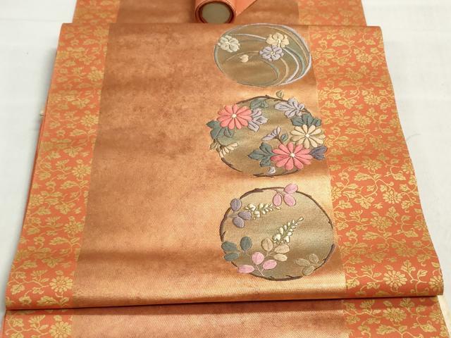 平和屋着物▼西陣　名古屋帯　帯反物　刺繍　花丸文　金糸　引箔　証紙付き　逸品　未使用　DABJ9831we