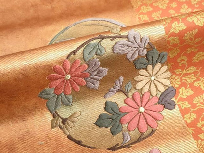 平和屋着物▼西陣　名古屋帯　帯反物　刺繍　花丸文　金糸　引箔　証紙付き　逸品　未使用　DABJ9831we