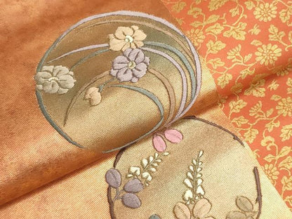 平和屋着物▼西陣　名古屋帯　帯反物　刺繍　花丸文　金糸　引箔　証紙付き　逸品　未使用　DABJ9831we