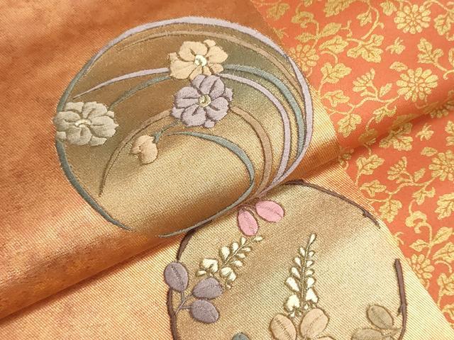 平和屋着物▼西陣　名古屋帯　帯反物　刺繍　花丸文　金糸　引箔　証紙付き　逸品　未使用　DABJ9831we