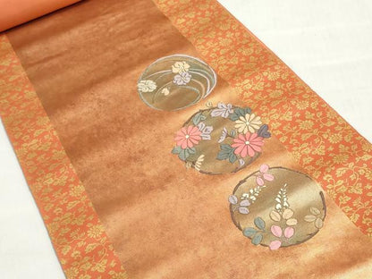 平和屋着物▼西陣　名古屋帯　帯反物　刺繍　花丸文　金糸　引箔　証紙付き　逸品　未使用　DABJ9831we