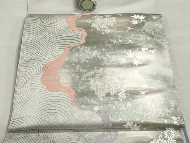 平和屋着物▼西陣　真下織物謹製　名古屋帯　帯反物　立波花鳥文　金銀糸　証紙付き　逸品　未使用　DABJ9847we