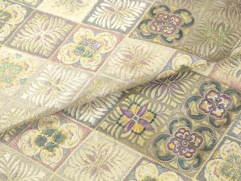 平和屋着物●両面袋帯　螺鈿箔　横段草花文　金糸　やまと誂製　正絹　逸品　AABM4857pf