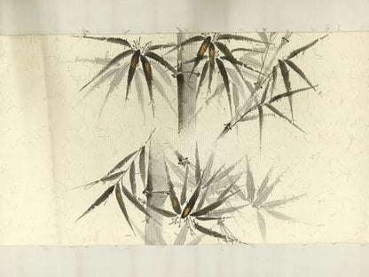 平和屋着物◎太鼓柄袋帯　髭紬地　作家物　手描き　笹竹　象牙色　金彩　正絹　逸品　AABM5408bw