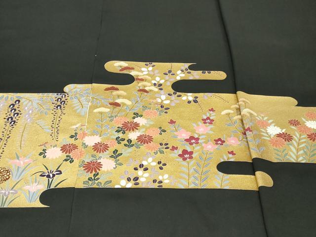 平和屋着物▼黒留袖　解き反物　着尺　エ霞草花文　金彩　逸品　DABK9247zy