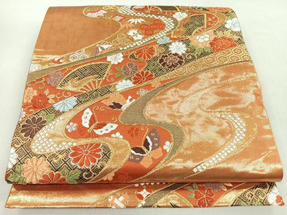 平和屋着物◎六通柄袋帯　唐織　扇面花唐草舞蝶文　金銀糸　正絹　逸品　CABM8634nb