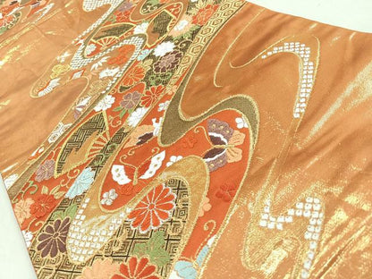 平和屋着物◎六通柄袋帯　唐織　扇面花唐草舞蝶文　金銀糸　正絹　逸品　CABM8634nb