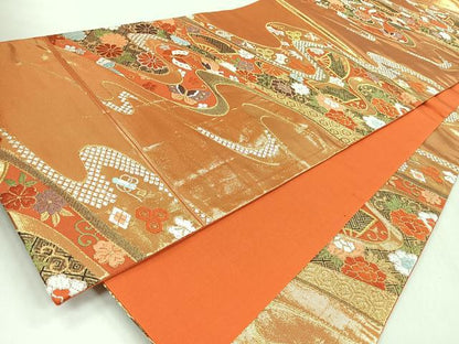 平和屋着物◎六通柄袋帯　唐織　扇面花唐草舞蝶文　金銀糸　正絹　逸品　CABM8634nb