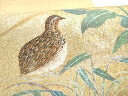 平和屋着物●友禅作家の巨匠　浅井青仁　太鼓柄袋帯　休み鳥枝葉文　金糸　正絹　逸品　CABN2678hy