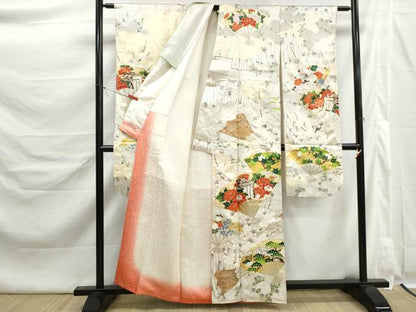 平和屋着物■豪華振袖　駒刺繍　扇面御所車花文　金彩　正絹　逸品　DABK6381qa